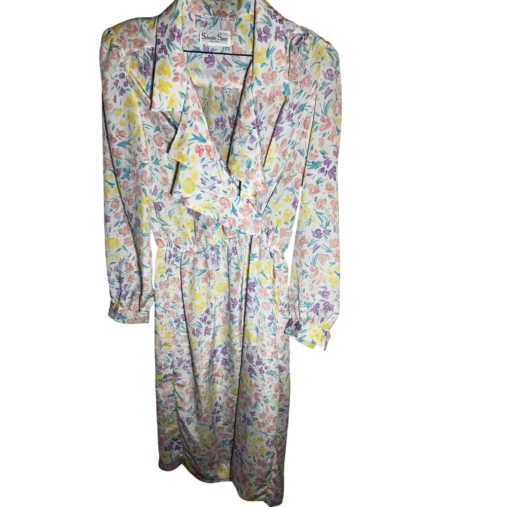 Schrader Sport Vintage 80s Pastel Floral Ruffle Shimmer Midi Dress‎ Womens L